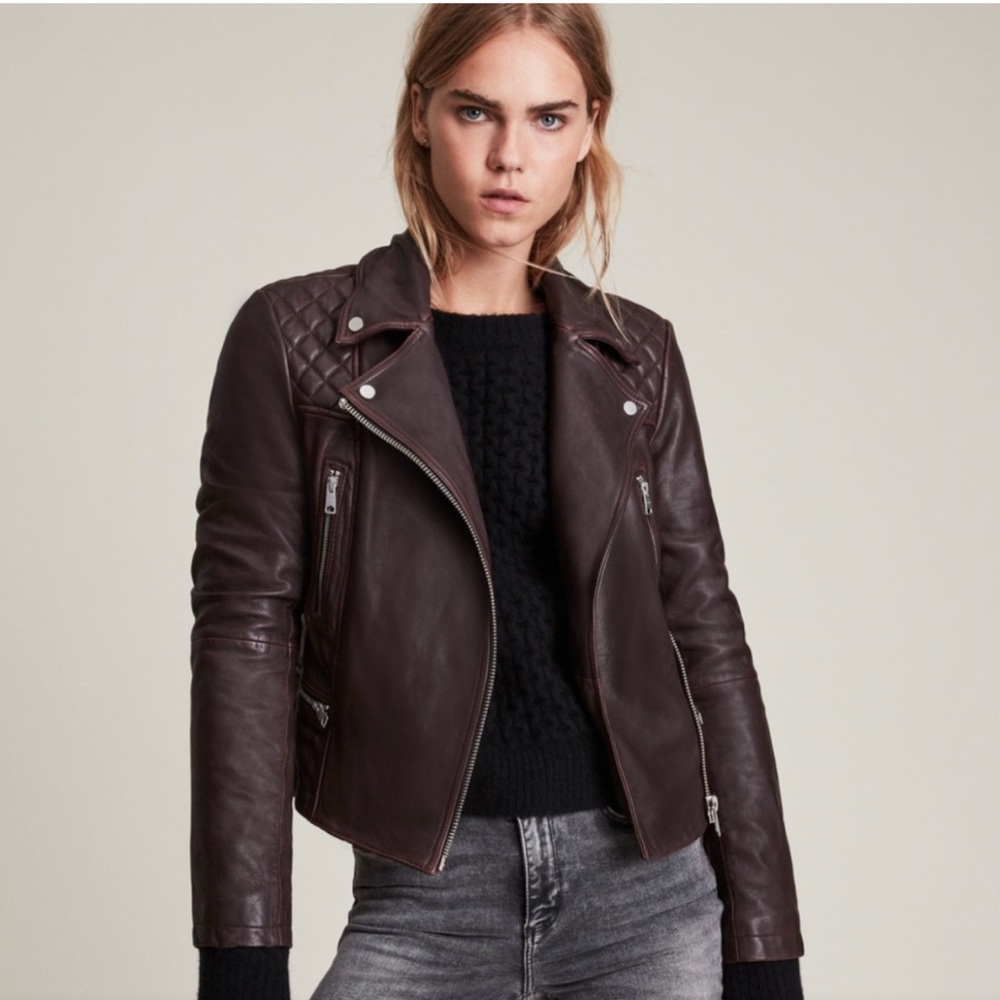 AllSaints Catch Biker Leather Jacket in Dark Brown